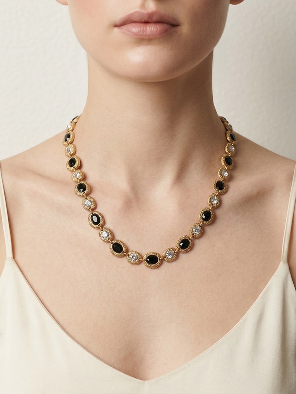 Gold Black Stone & Crystal Necklace high quality